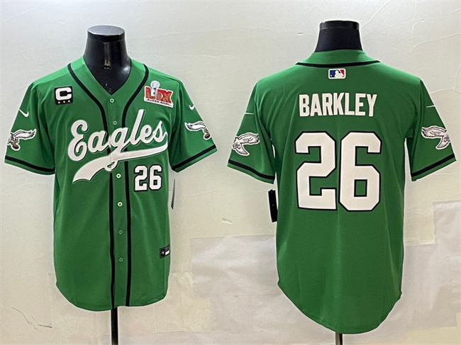 Men's Philadelphia Eagles #26 Saquon Barkley Green 2025 Super Bowl LIX And 3-Star C Patch Stitched Baseball Jersey Men's Philadelphia Eagles #26 Saquon Barkley Green 2025 Super Bowl LIX And 3-Star C Patch Stitched Baseball Jersey